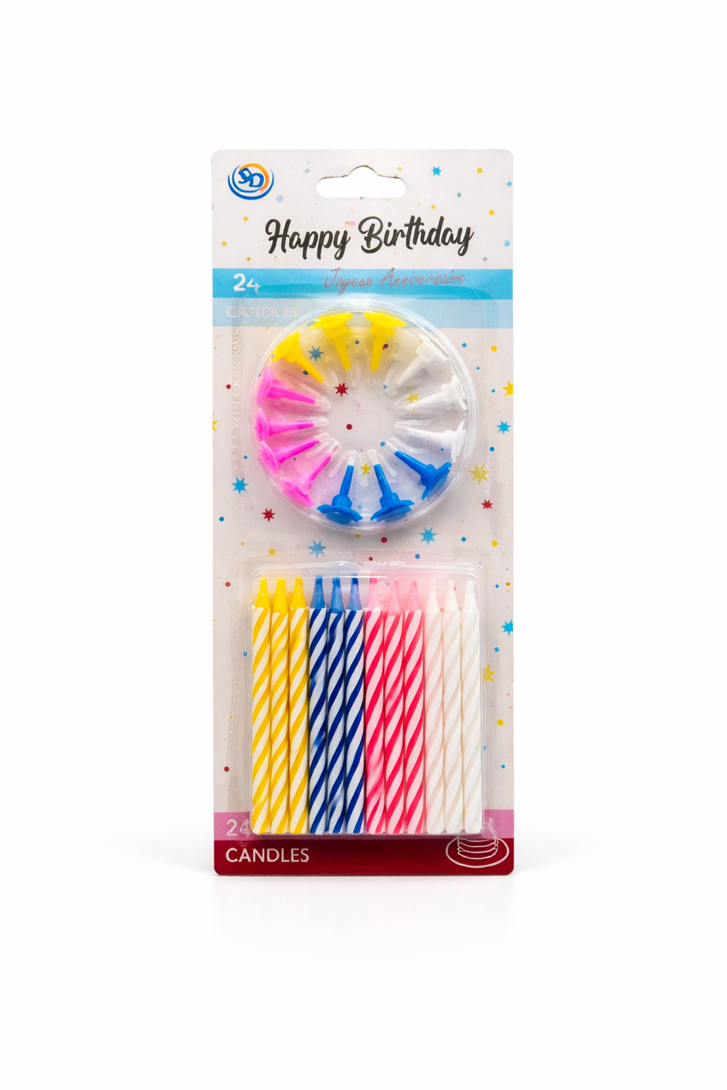 Happy Birthday Cake Candles – 24-Pack Assorted Spiral Candles with Holders