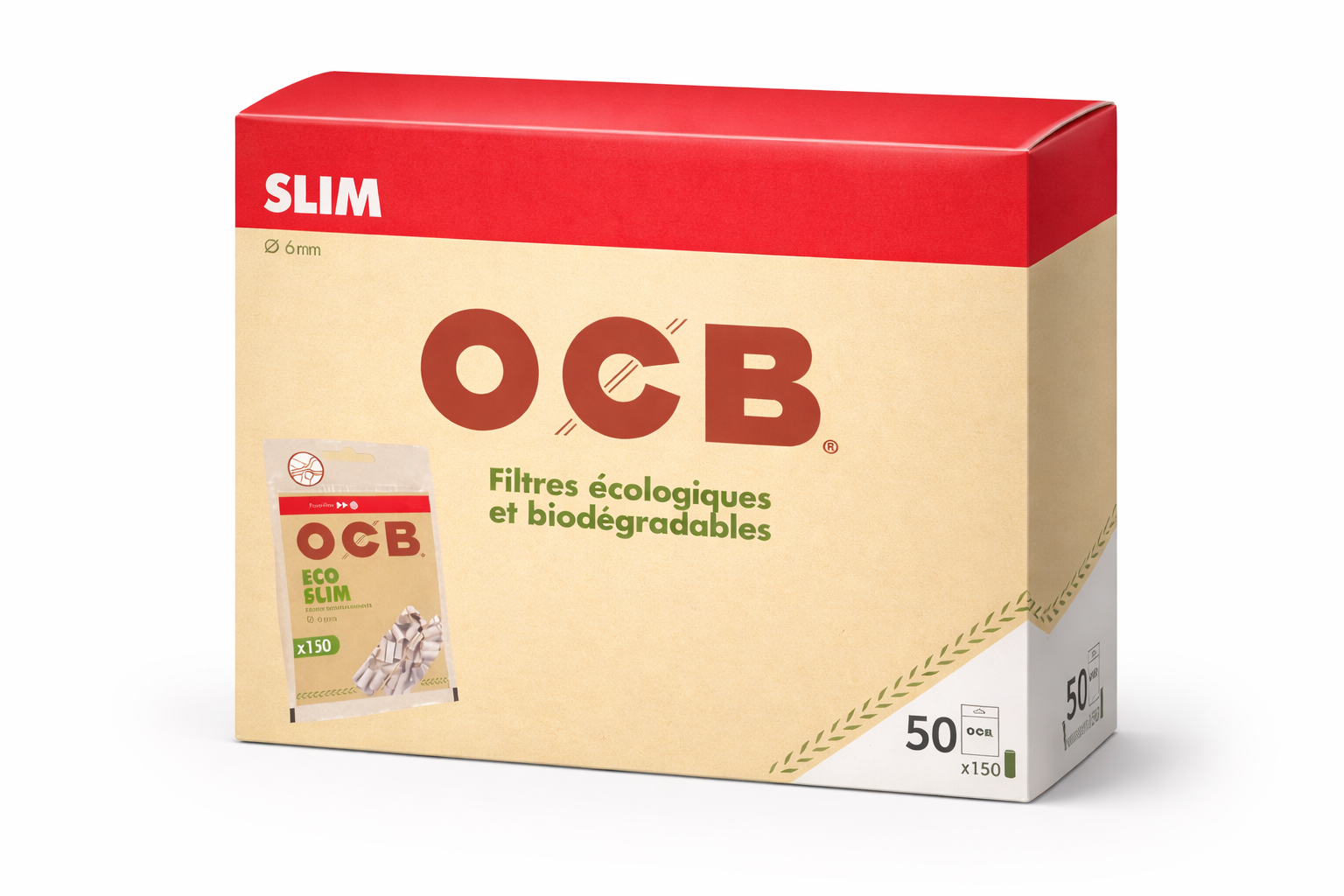 OCB Slim Eco Filters – Biodegradable (Ø 6 mm), Case of 50 Packs (150 Filters Each)