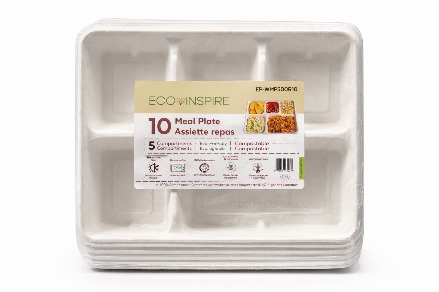 EcoInspire Compostable 5-Compartment Meal Plates – 10 x 15 pct (White)